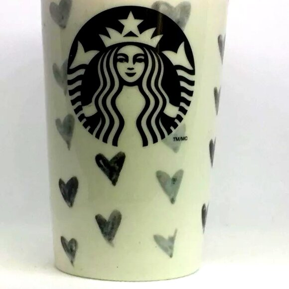 RARE 2014 Starbucks Dot Collection Monochromic Black Hearts Ceramic Travel Mug - Picture 2 of 8